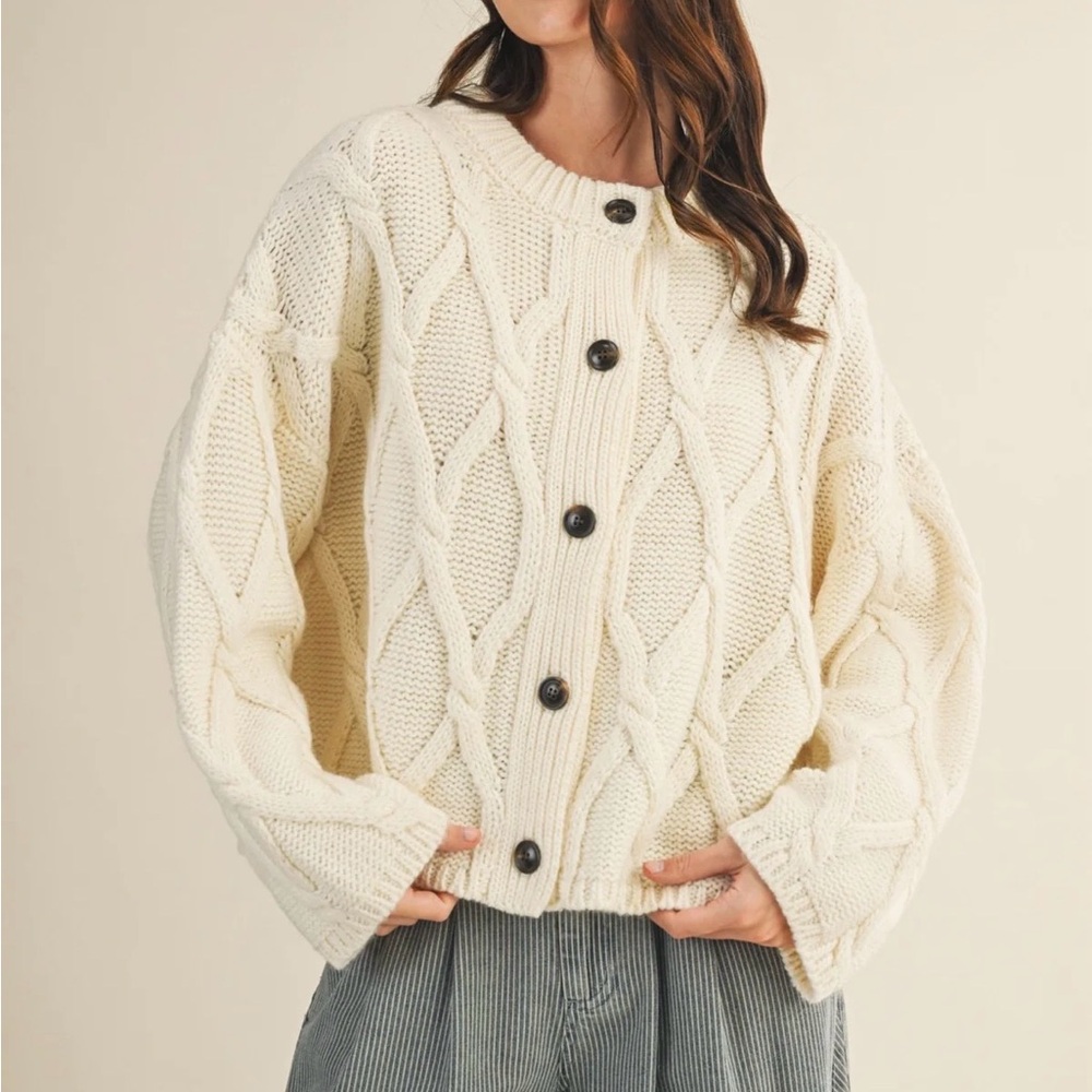 Ivory Cable Knit Button-Front Cardigan
